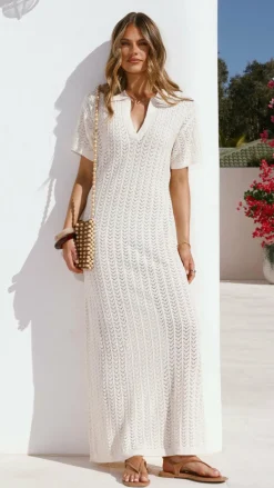 LILYWHYT Knit Dresses|Knitwear^Tiffy Crochet Short Sleeve Maxi Dress - White