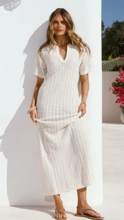 LILYWHYT Knit Dresses|Knitwear^Tiffy Crochet Short Sleeve Maxi Dress - White
