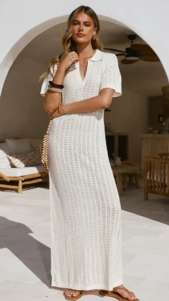 LILYWHYT Knit Dresses|Knitwear^Tiffy Crochet Short Sleeve Maxi Dress - White
