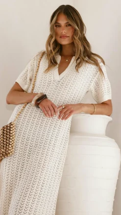 LILYWHYT Knit Dresses|Knitwear^Tiffy Crochet Short Sleeve Maxi Dress - White
