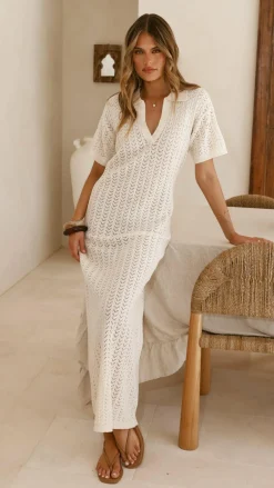LILYWHYT Knit Dresses|Knitwear^Tiffy Crochet Short Sleeve Maxi Dress - White