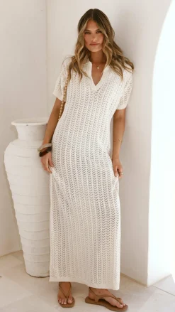 LILYWHYT Knit Dresses|Knitwear^Tiffy Crochet Short Sleeve Maxi Dress - White