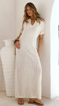 LILYWHYT Knit Dresses|Knitwear^Tiffy Crochet Short Sleeve Maxi Dress - White