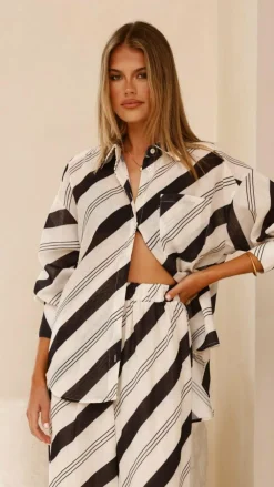 LILYWHYT Sets|Tops^Torrey Button Up Long Sleeve Shirt - Black/Cream