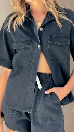 By Frankie Bottoms|Tops^Vasila Button Up Shirt and Shorts Set - Black