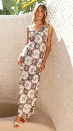 Desire Dresses|Maxi^Zeno Maxi Dress - Brown/White Print