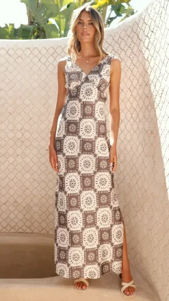 Desire Dresses|Maxi^Zeno Maxi Dress - Brown/White Print