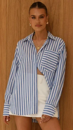 YH AND CO Tops^Zoah Long Sleeve Button Up Shirt - Blue/White Stripe