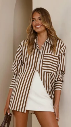 YH AND CO Tops^Zoah Long Sleeve Button Up Shirt - Choc/Champagne Stripe