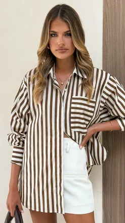 YH AND CO Tops^Zoah Long Sleeve Button Up Shirt - Choc/Champagne Stripe