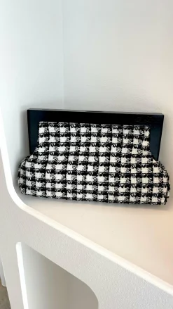 Angel Whisper Bags^Zoey Boucle Timber Frame Clutch - Black/White